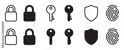 Collection of black security vector icons including padlocks, keys, shields, and fingerprints, presented in both solid fill and outline styles for web and app design