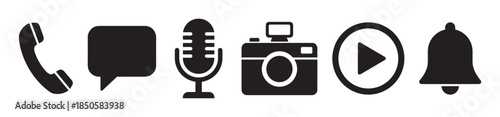 Set of black communication and media icons including a phone, message bubble, microphone, camera, play button, and notification bell for web and mobile user interface design