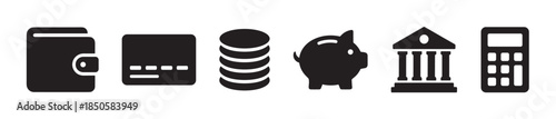 Set of six black finance icons including a wallet, credit card, coins, piggy bank, bank building, and calculator, representing money management, savings, and banking concepts