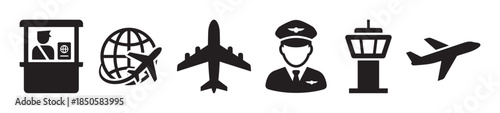Set of black airport and aviation icons showing passport control, a globe, an airplane, a pilot, and an air traffic control tower for travel and transportation concepts