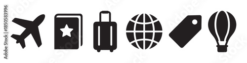 Set of black travel-related icons including an airplane, passport, suitcase, globe, luggage tag, and hot air balloon in a simple, flat, graphic silhouette style for tourism concepts