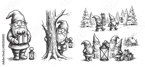 Four black and white Christmas gnome sketches depicting fairytale characters carrying presents and lanterns through a snowy winter landscape in a vintage hand-drawn storybook style