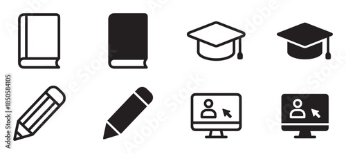 Various black education and e-learning icons including a book, graduation cap, pencil, and computer monitor, presented in minimalist outline and solid filled glyph styles