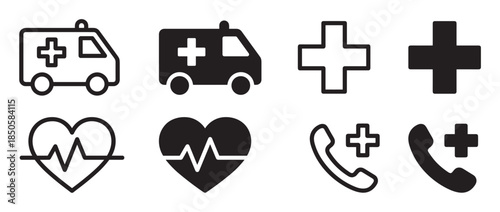 Set of black medical icons featuring an ambulance, cross, heart with cardiogram, and emergency phone call symbols in both outline and solid fill vector styles for healthcare