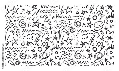 Black and white hand drawn doodle elements featuring stars, swirls, zigzags, and lightning bolts in a chaotic, abstract, and energetic seamless pattern illustration