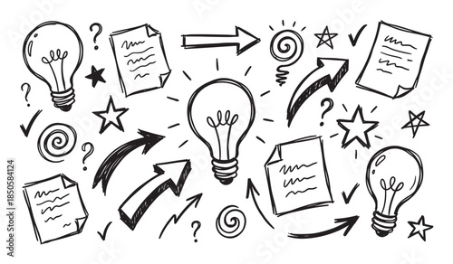 Hand drawn doodle illustration set of lightbulbs, arrows, and question marks for brainstorming and creative idea concepts in a simple black and white sketch style
