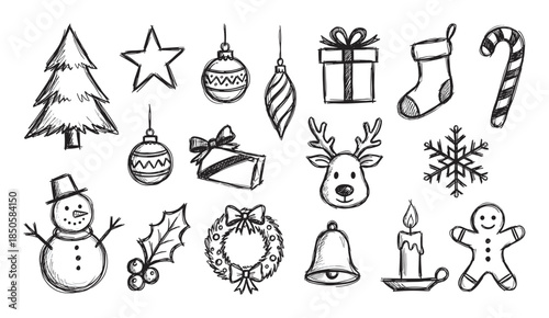Set of hand-drawn Christmas icons featuring a festive collection of holiday symbols like a tree, snowman, reindeer, and gifts in a charming black and white sketch style