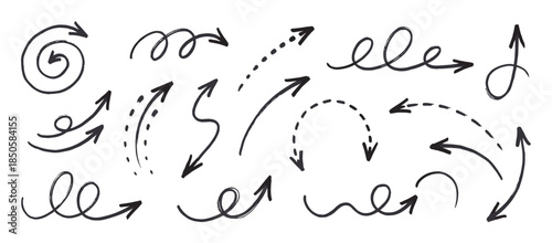 Hand-drawn black doodle arrows and pointers in a large collection of various shapes and styles, including curved, spiral, wavy, dotted, and dashed lines for graphic design