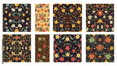 Collection of eight intricate floral patterns on dark backgrounds.
