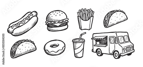 Hand-drawn fast food icon collection with a hot dog, burger, fries, taco, donut, soda, and a food truck in a black and white doodle sketch illustration style