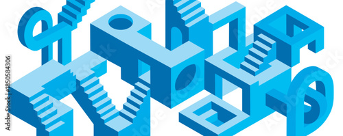 Abstract blue isometric architectural structure with stairs and arches creating a complex, impossible labyrinth in a modern, minimalist graphic style