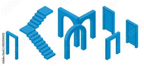 Set of blue isometric architectural elements including stairs, arches, and doors in a minimalist graphic style, representing concepts of choice, opportunity, and pathways