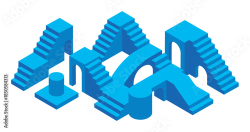 Set of abstract blue architectural elements featuring stairs, arches, and platforms arranged in a surreal and impossible composition with a clean, minimalist isometric style