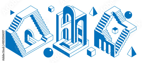 Three blue isometric impossible architectural structures with endless stairs and arches in a minimalist graphic style, creating a surreal optical illusion and a complex paradox