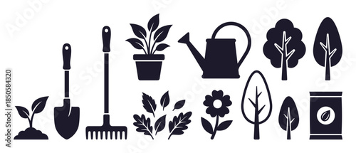 Collection of black gardening icons featuring a shovel, rake, watering can, potted plant, sprout, trees, leaves, flower, and a seed packet in a simple flat graphic style