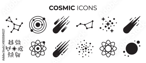 Set of black cosmic icons featuring constellations, a solar system, meteors, stars, zodiac signs, and an atom symbol in a minimalist flat vector style for astronomy and astrology themes