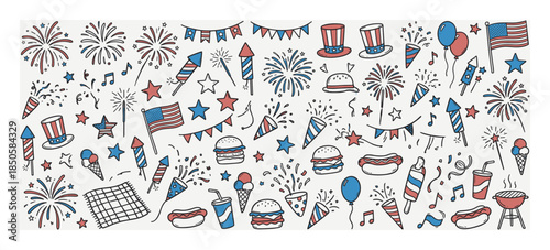 Collection of hand-drawn patriotic doodles featuring fireworks, flags, stars, and picnic food in a festive red, white, and blue color scheme
