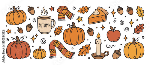 Collection of autumn themed doodle illustrations featuring pumpkins, a cozy scarf, a slice of pie, acorns, and a warm mug, hand-drawn in a cute cartoon style for seasonal design