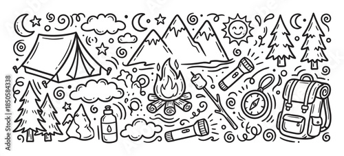 Hand-drawn black and white camping doodle set with a tent, campfire, mountains, backpack, and compass in a fun, linear cartoon style for outdoor adventure concepts