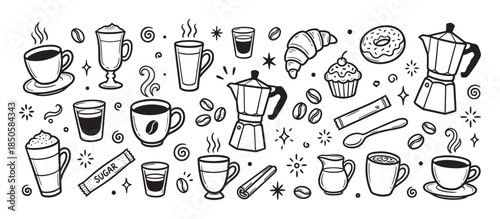 Hand-drawn set of coffee themed doodles including cups, mugs, moka pots, beans, and pastries in a simple black and white line art style for a cozy cafe menu illustration