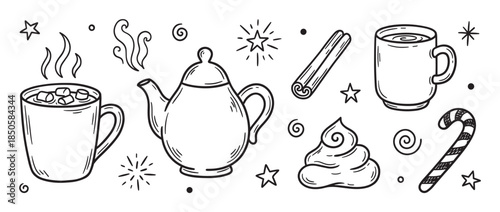Hand-drawn black and white doodle collection of cozy winter drinks and sweets, including hot chocolate, a teapot, a candy cane, and cinnamon sticks in a cute, sketchy illustration style