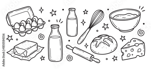 Black and white doodle set of baking ingredients and dairy products like eggs, milk, butter, bread, and cheese in a hand-drawn sketch style for cooking concepts