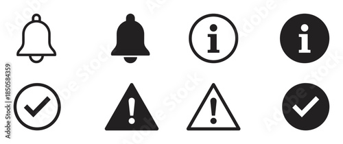 Collection of black notification icons including a bell, checkmark, information symbol, and warning sign in both outline and solid styles for user interface design