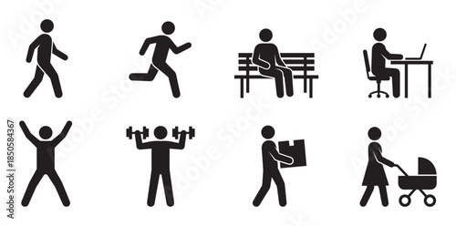 Set of black stick figure icons depicting various daily life and fitness activities like walking, running, working, exercise, rest, and parenting in a simple minimalist style