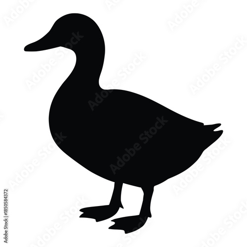 Silhouette of a duck standing on two legs, a simple black illustration against a white background