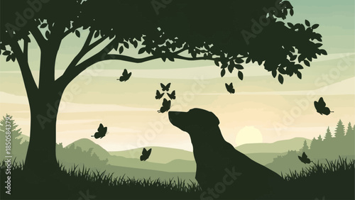 Silhouette of a dog looking at butterflies under a tree.