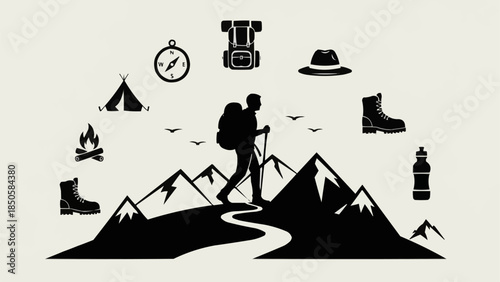 Silhouette of a hiker walking on a mountain path surrounded by camping gear and mountain scenery.