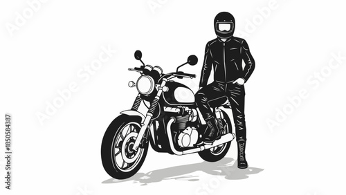 Man in Leather Motorcycle Gear Poses with Classic Motorcycle.