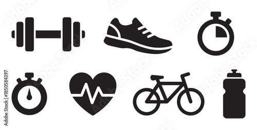 Set of black fitness and sport icons including a dumbbell, sneaker, stopwatch, heartbeat, bicycle, and water bottle, representing a healthy and active lifestyle concept