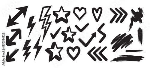 Hand drawn black grunge marker elements set featuring arrows, stars, hearts, lightning bolts, and checkmarks with a rough, energetic graffiti aesthetic for creative design projects
