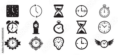 Set of black time-related icons featuring various clocks, an hourglass, a stopwatch, and surreal melting designs in a clean graphic vector style