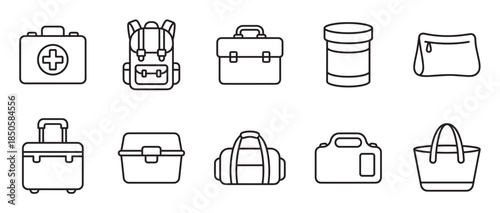 Collection of ten bag and container icons in a minimalist black line art style, including a suitcase, backpack, briefcase, and first aid kit for travel and everyday use
