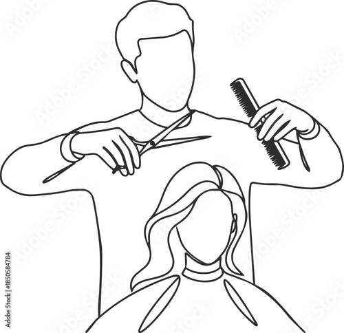 Hairdresser Cutting Hair Line Art Illustration, Minimal Hairstylist and Client Outline Vector Design