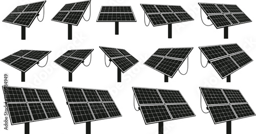 Solar Panels on Pole Mount Vector Icon Set, Renewable Energy and Photovoltaic System Symbols, Clean Power Generation Technology Collection