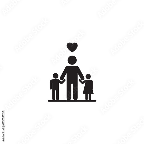 Flat design family icon featuring a parent with two children and a heart symbolizing love and care