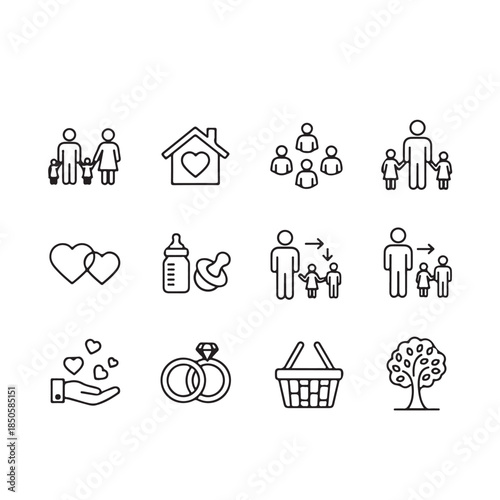 Collection of family and relationship line icons depicting home love and life stages for modern digi
