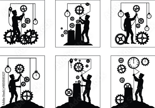 Steampunk clockmaker, gears, time, silhouette man, top hat, vintage machinery, pocket watch, pulley system, mechanical art, invention, labor, vector illustration