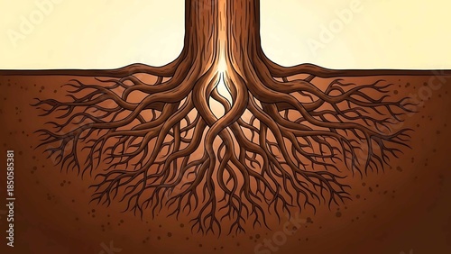 detailed tree root system underground cross section botanical illustration showing complex root network structure for education and growth concepts