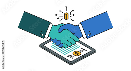 digital business handshake closing smart contract on tablet abstract vector illustration of blockchain partnership and online agreement