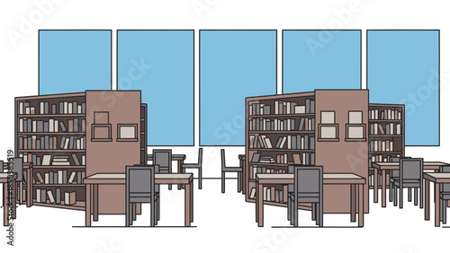 Modern Library Interior Design with Bookshelves, Tables, and Chairs for Study and Reading Area