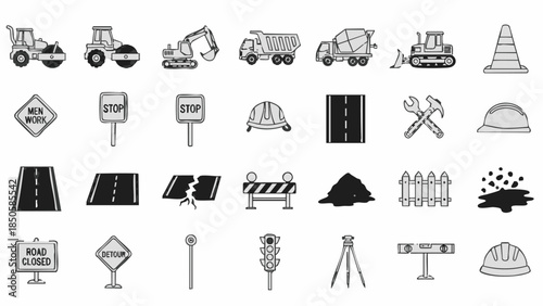 construction site icons set black white.