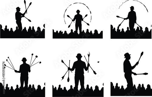 Street performer juggling clubs silhouette, crowd watching live entertainment, circus artist performing show, creative talent vector illustration, outdoor performance concept art