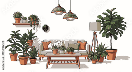 Cozy Living Room Interior with Sofa, Coffee Table, Modern Lamps, and Abundant Potted Plants