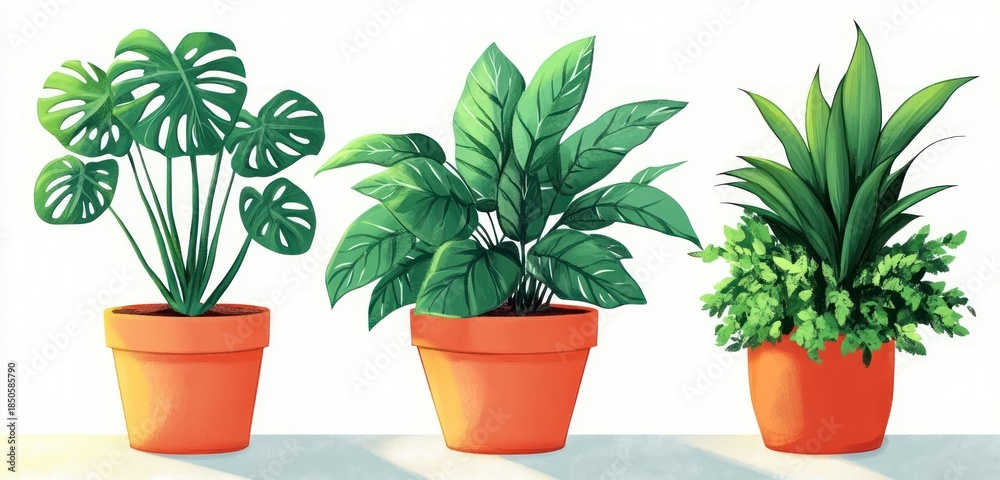 Fototapeta premium Three terracotta potted houseplants: split-leaf plant, broad glossy-leaf plant, and spiky foliage with trailing greenery, bright cheerful fresh still life
