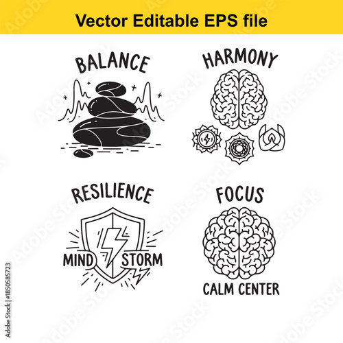  vector editable eps file with four mental wellness icons and words balance harmony resilience focus