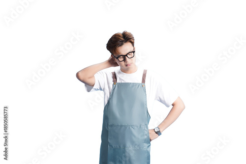 Contemplative Chef: A young chef, clad in an apron and eyeglasses, pauses thoughtfully, hand to head, perhaps pondering culinary inspiration or the day's menu. 